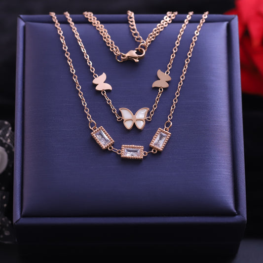 Rose Gold Layered Butterfly Necklace | Mother of Pearl and Zirconia Pendant