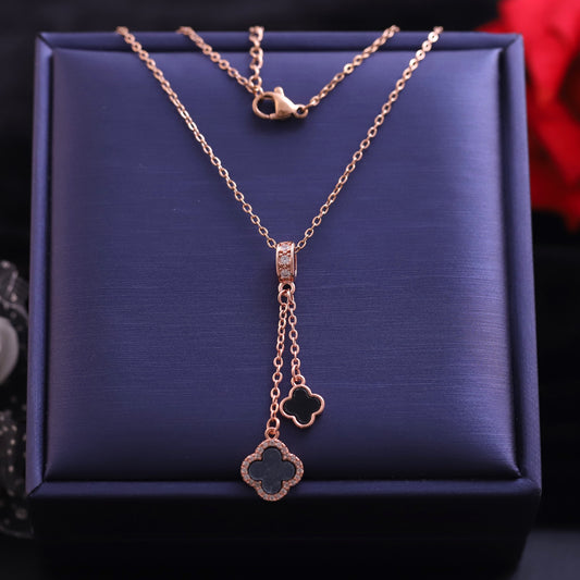 Rose Gold Black Four Leaf Clover Lariat Necklace - Lucky Charm Pendant