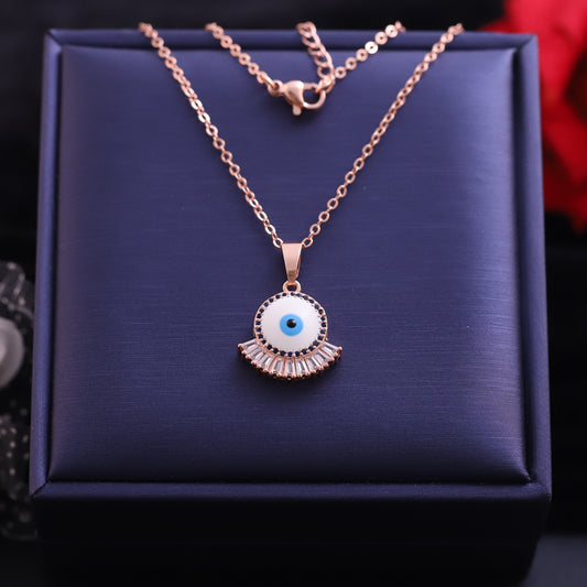 Rose Gold Fan Evil Eye Necklace - Sparkling Baguette Crystal Protection Pendant