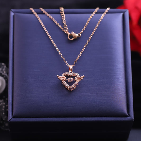 Rose Gold Winged Heart Necklace - Sparkling Angel Love Pendant