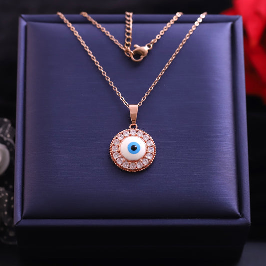 Rose Gold Evil Eye Necklace - Sparkling Pave Crystal Protection Pendant