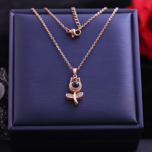 Rose Gold Rose Flower Projection Necklace - "I Love You" in 100 Languages