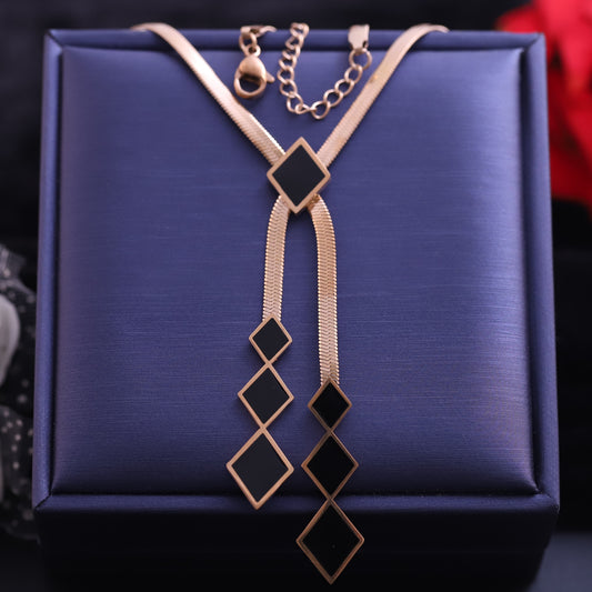 Rose Gold Snake Chain Y Necklace | Black Enamel Diamond Pendant