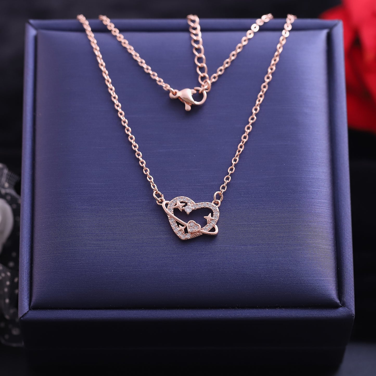 Rose Gold Intertwined Hearts & Stars Necklace - Celestial Love Pendant