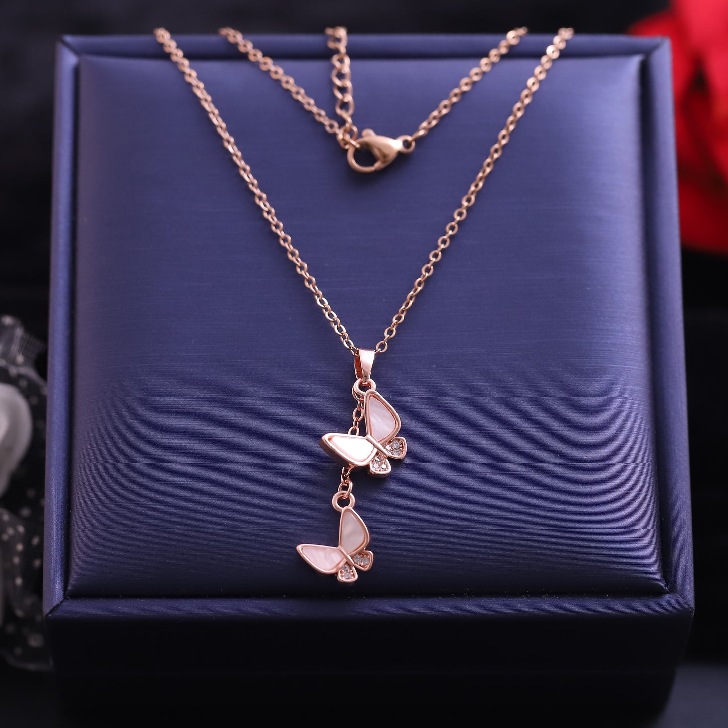 Rose Gold Cascading Butterfly Necklace - Mother of Pearl & Crystal Pendant