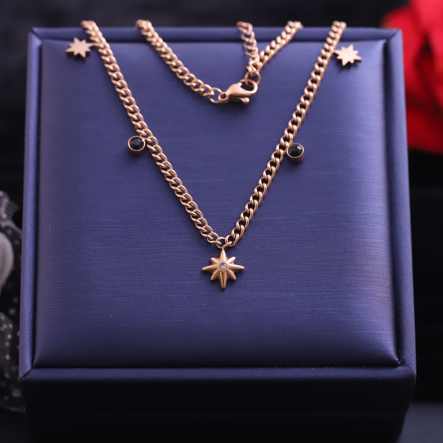 Rose Gold North Star Necklace with Black Gem Accents - Celestial Pendant
