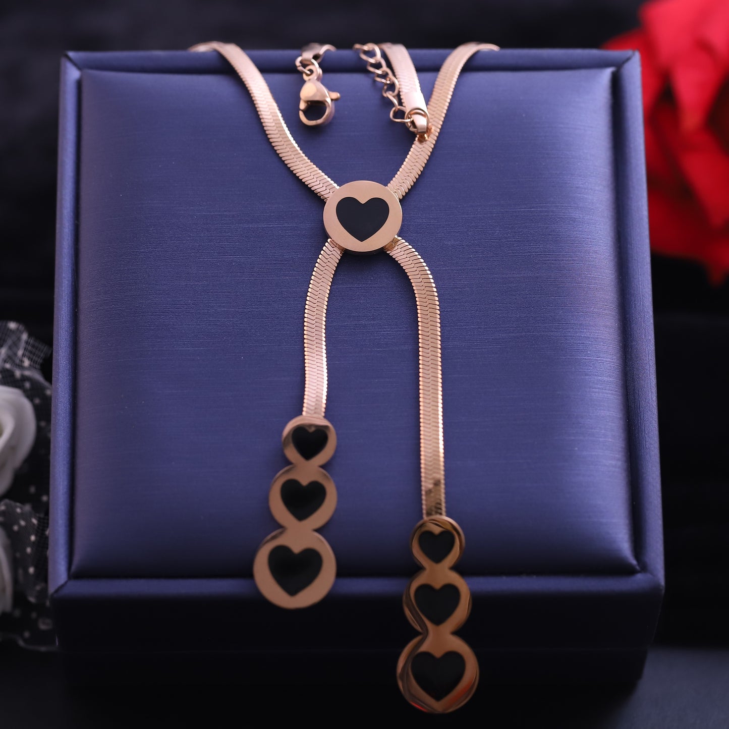 Rose Gold Snake Chain Y Necklace | Black Enamel Heart Pendants