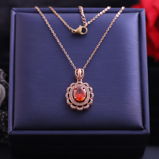 Rose Gold Oval Orange Gemstone Necklace | Halo Zirconia Pendant