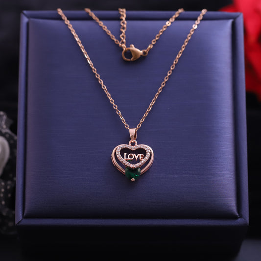 Rose Gold "Love" Heart Necklace | Emerald Zirconia and Pave Diamond Pendant