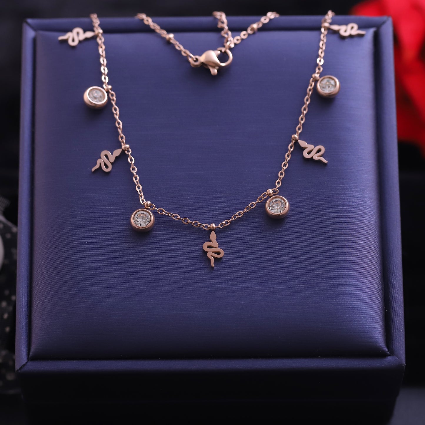 Rose Gold Snake and Zirconia Charm Necklace | Delicate Serpent Pendant