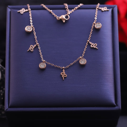Rose Gold Snake and Zirconia Charm Necklace | Delicate Serpent Pendant
