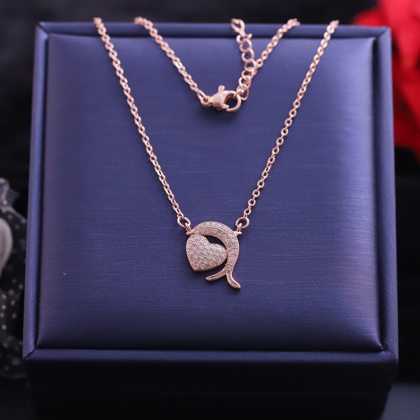 Rose Gold Abstract Heart & Curve Necklace | Pave Zirconia Modern Pendant