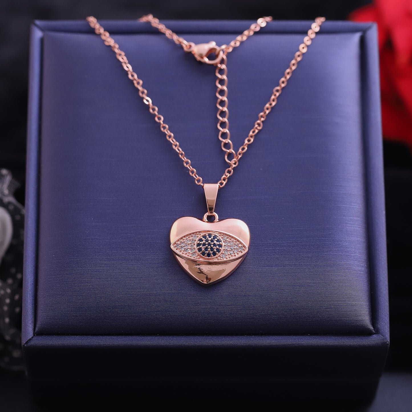 Rose Gold Heart with Evil Eye Necklace | Blue Stone & Pave Zirconia Pendant