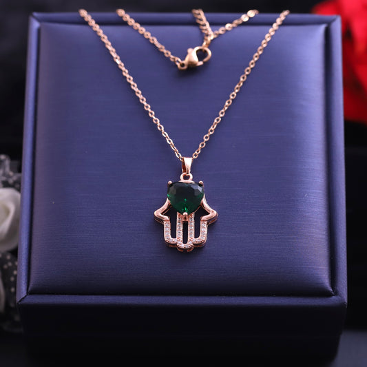 Rose Gold Hamsa Hand Necklace | Emerald Heart Center & Zirconia Accents