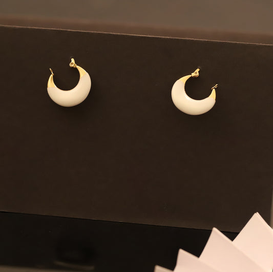 Modern White & Gold C-Hoop Earrings - Minimalist Enamel Chunky Hoops