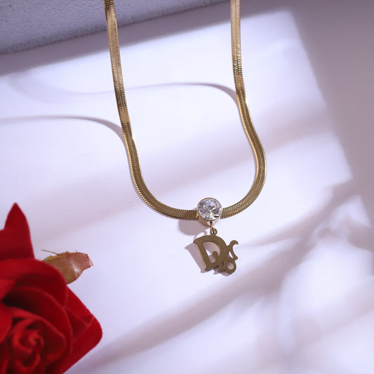 Gold Tone "DR" Initial Pendant Necklace with CZ & Stud Earrings Set