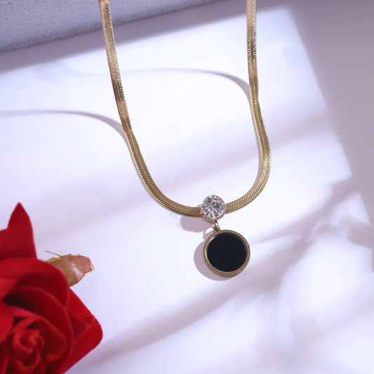 Gold Flat Snake Chain Necklace with Black Circle Pendant & CZ Stud Earrings Set