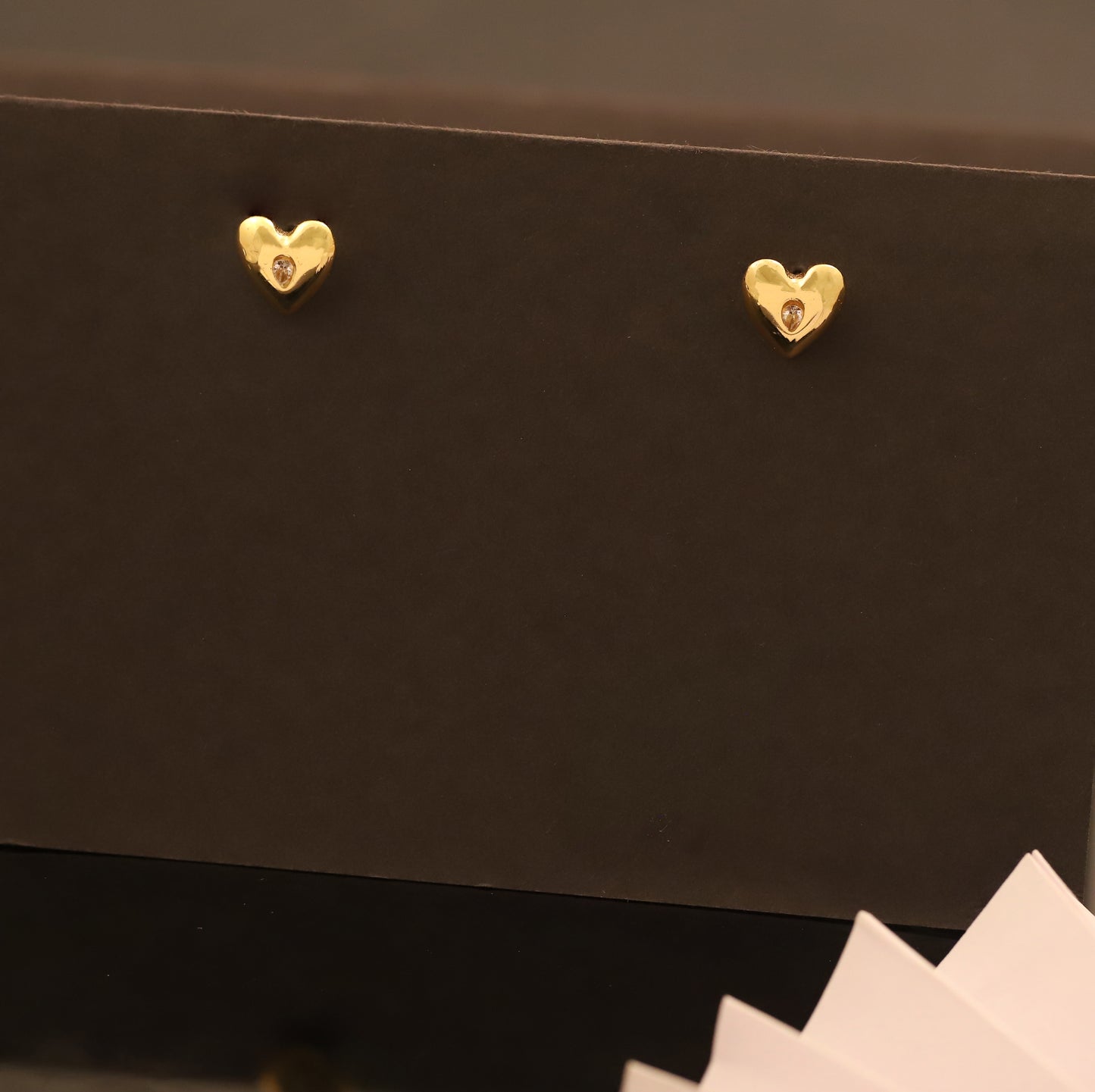 Tiny Gold Heart Stud Earrings with Inset Stone - Delicate Romantic Jewelry