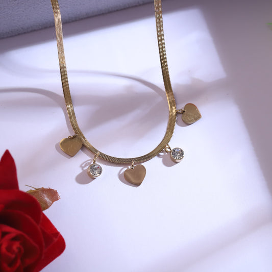 Gold Snake Chain Necklace Set | Heart Charm & Crystal Dangle Necklace with Heart Stud Earrings