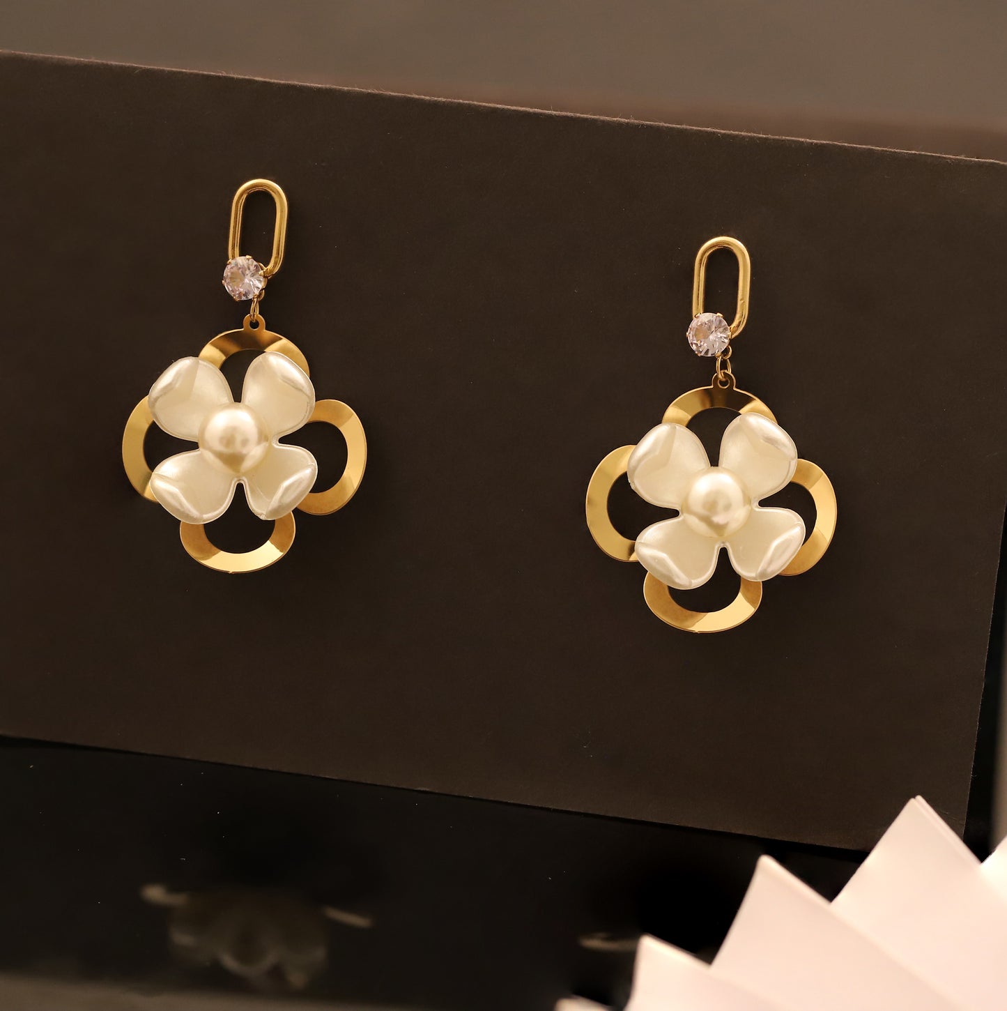 Clover Pearl Drop Earrings with Crystal - Lucky Flower Dangle Jewelry