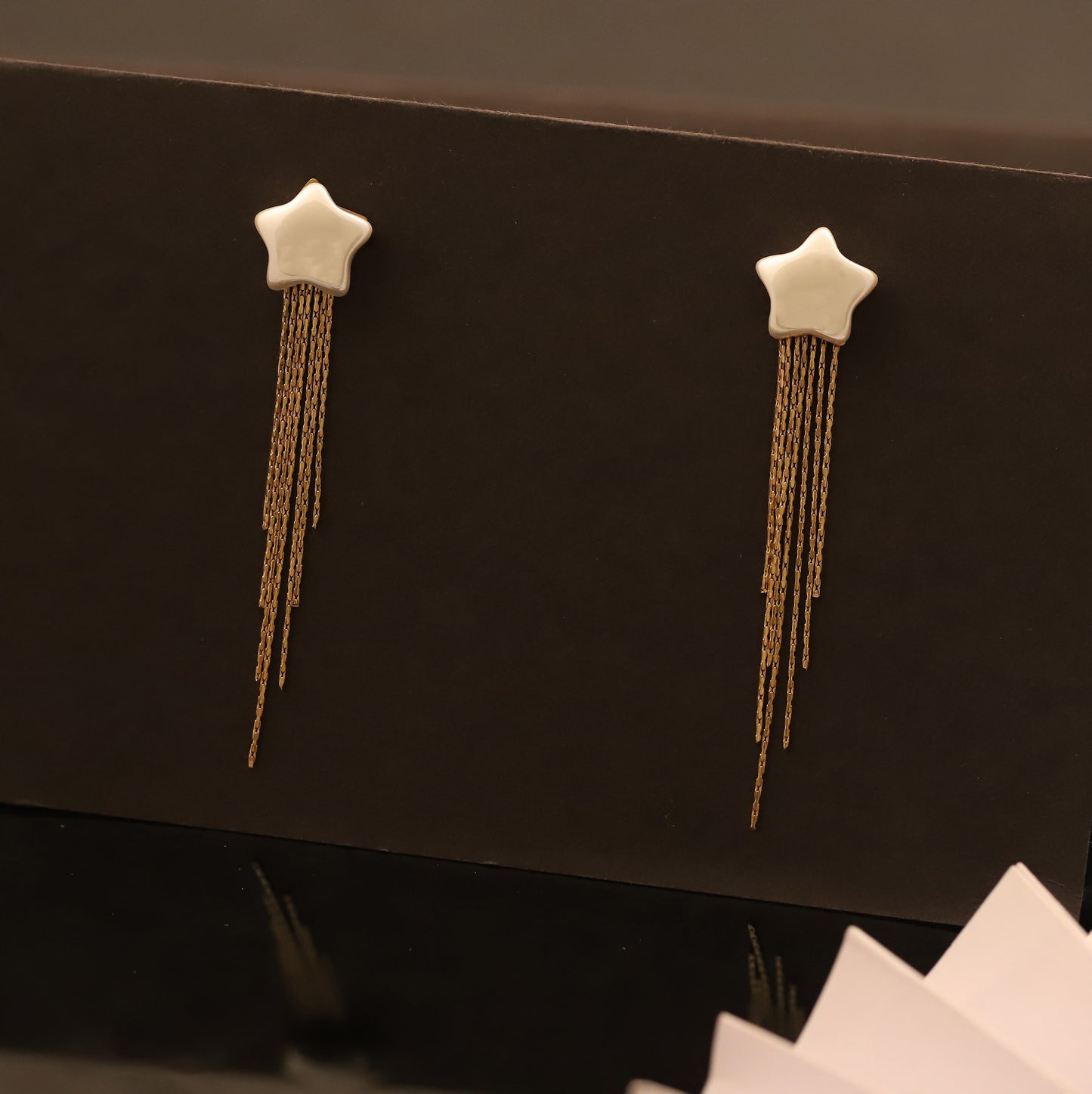 White Star Dangle Earrings with Gold Tassel Chains - Celestial Drop Earrings