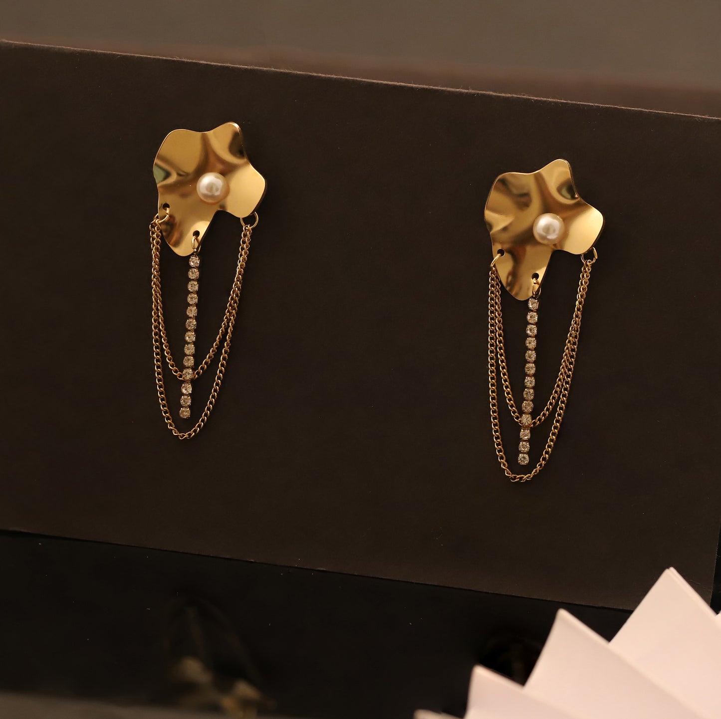 Gold Floral Dangle Earrings with Pearl & Chain Tassels - Statement Stud Earrings