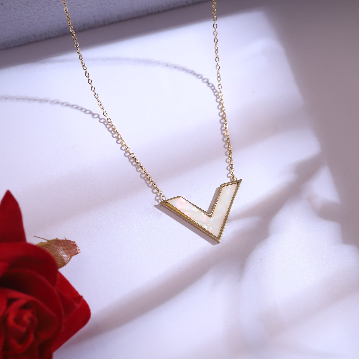 Elegant Gold Plated Mother of Pearl V-Shape Necklace and Earring Set | Dainty Geometric Jewelry Gift