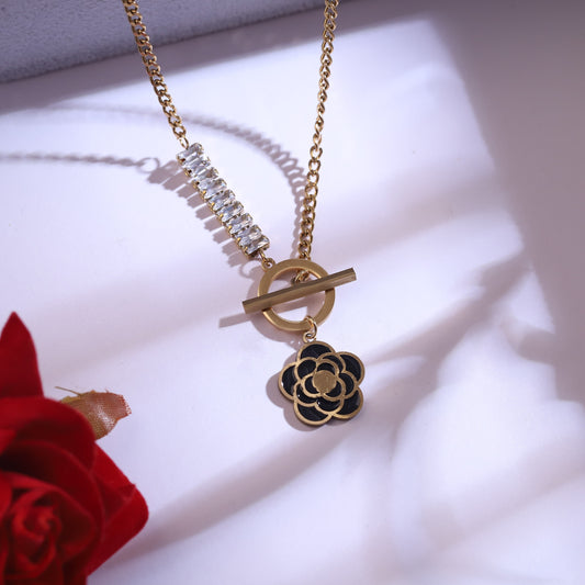 Black Camellia Flower Necklace & Cloud Earring Set | Gold Plated Crystal Bar Jewelry