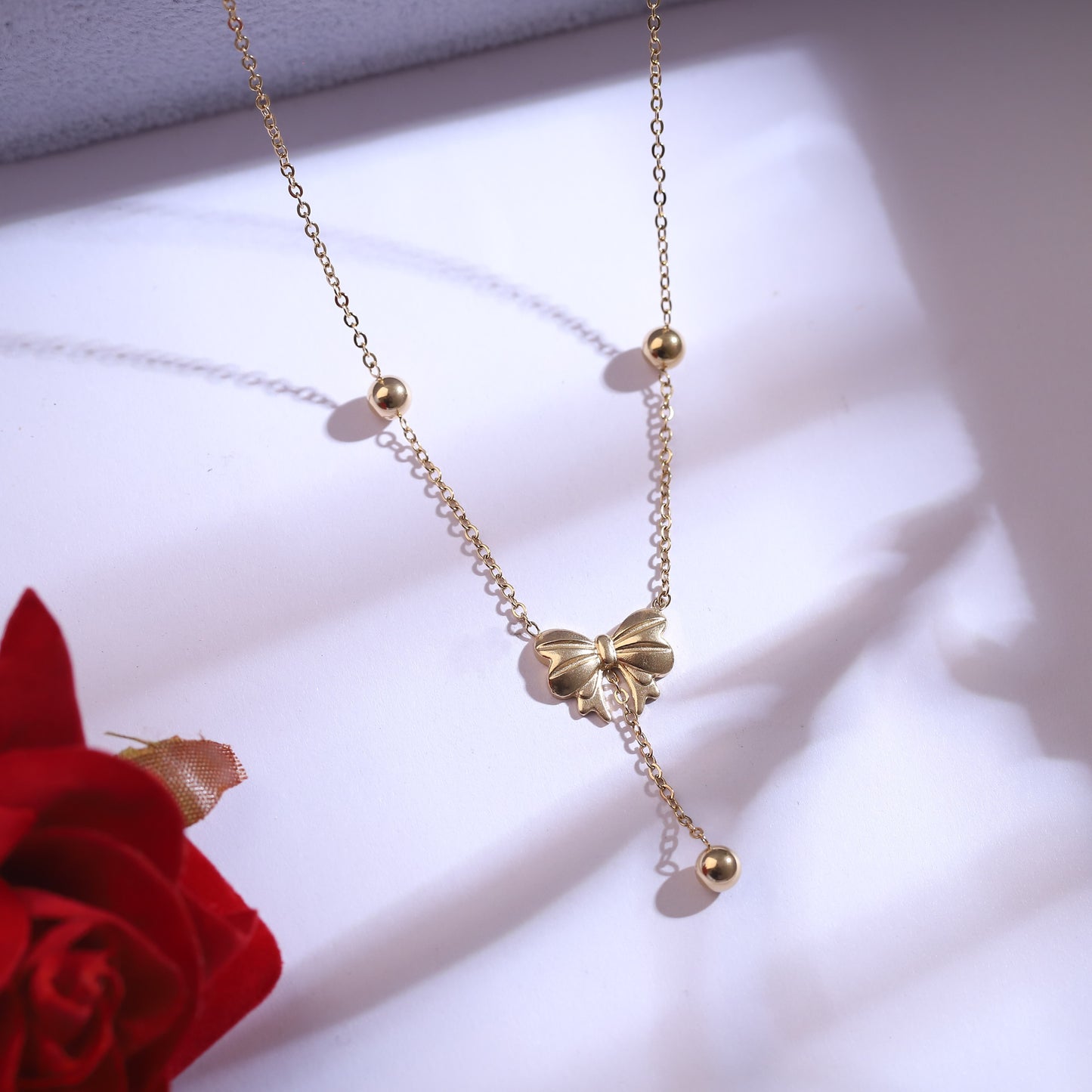 Golden Bow & Ball Drop Necklace with Matching Earrings | Dainty Ribbon Jewelry Set