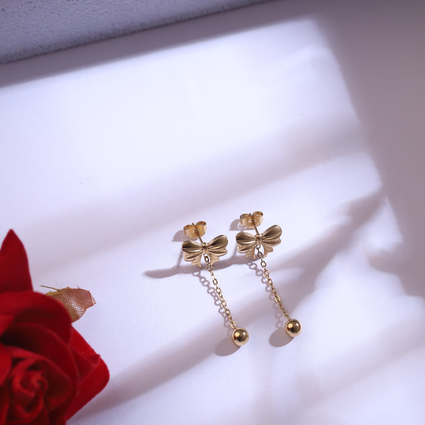 Golden Bow & Ball Drop Necklace with Matching Earrings | Dainty Ribbon Jewelry Set