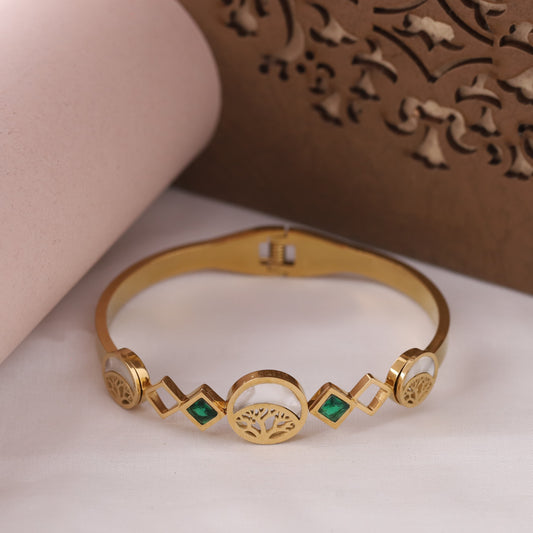 22K Gold Plated Stainless Steel Kada Bracelet | Green Stone & MOP Inlay | Anti-Tarnish