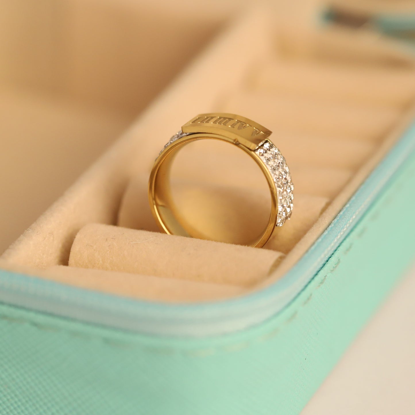 22K Gold Plated Roman Numeral Studded Ring | Stainless Steel Zircon Band