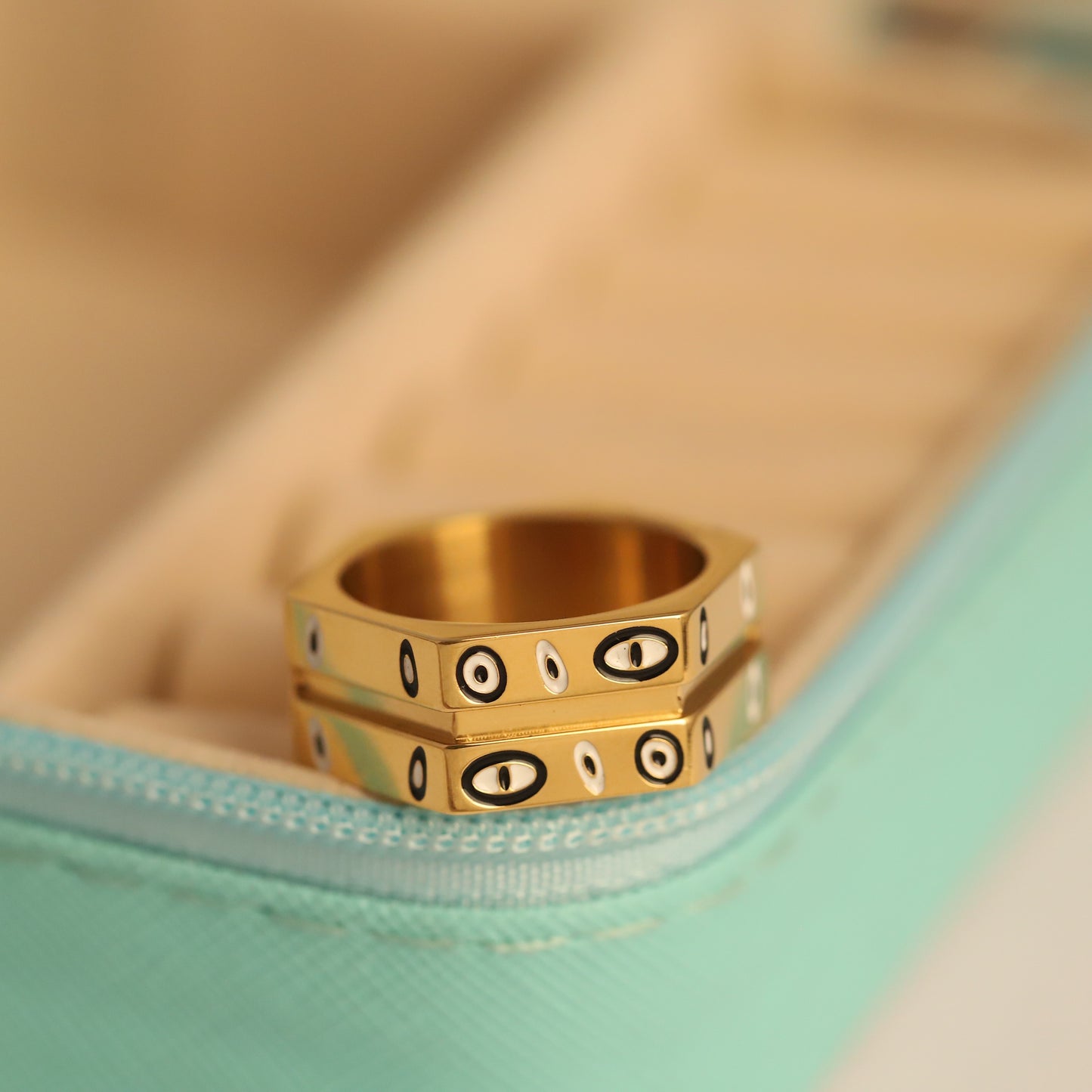 22K Gold Plated Hexagonal Evil Eye Ring | Black Enamel Stainless Steel