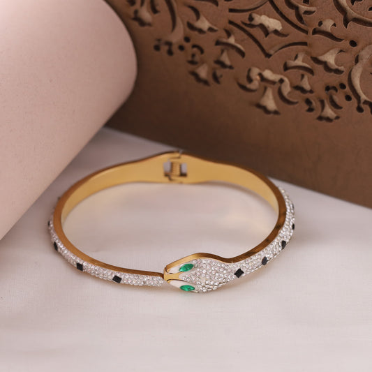 22K Gold Plated Snake Bracelet | American Diamond Spring Lock Kada