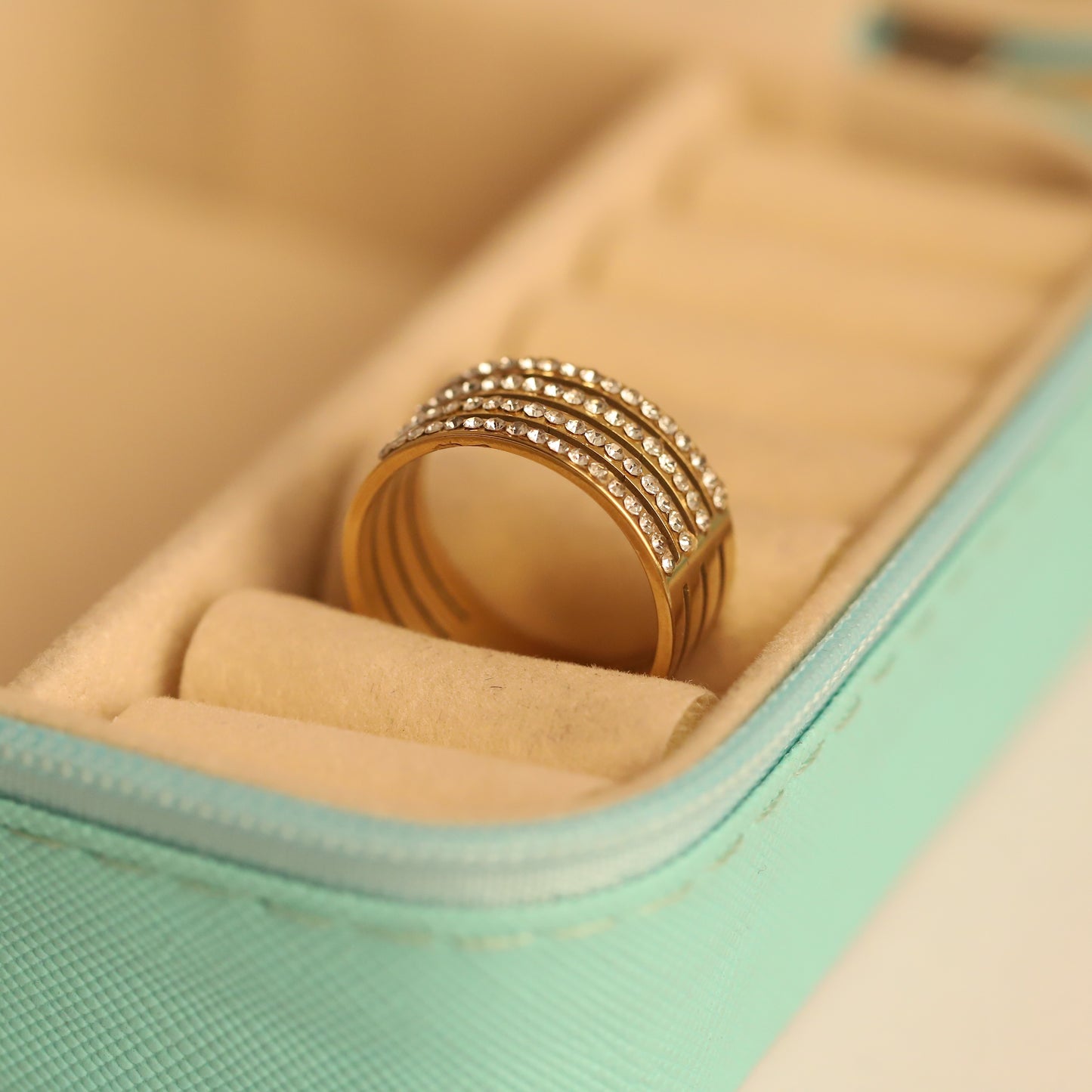 Wide Gold Band with Multiple Crystal Rows - Statement Sparkle Ring