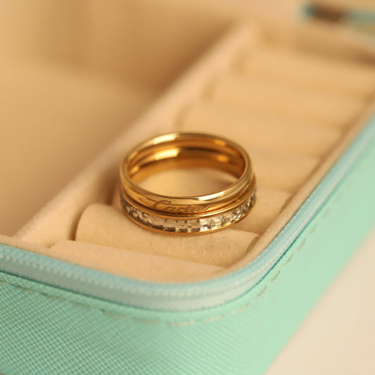 Elegant Gold Stacking Ring Set - Cartier Engraved & Crystal Band
