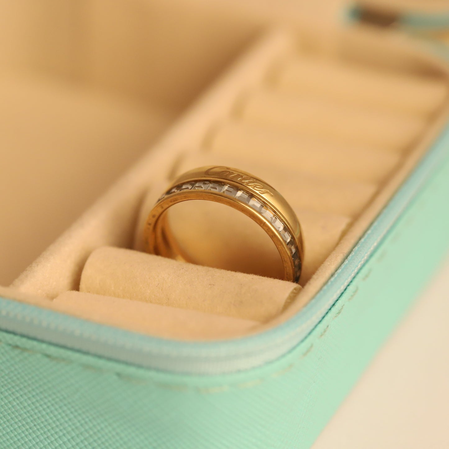 Elegant Gold Stacking Ring Set - Cartier Engraved & Crystal Band