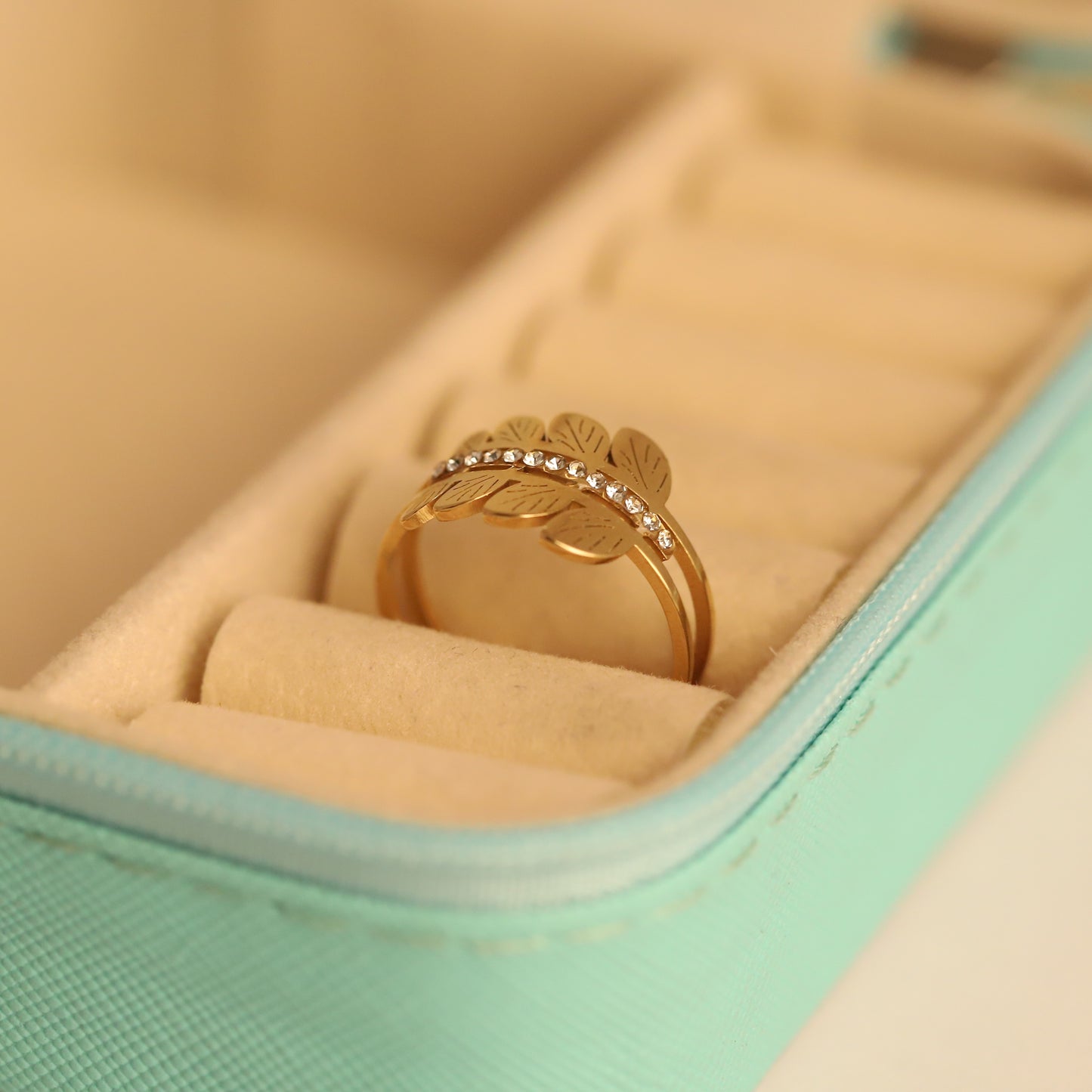 Sparkling Gold Leaf Bypass Ring - Crystal-Embellished Floral Jewelry