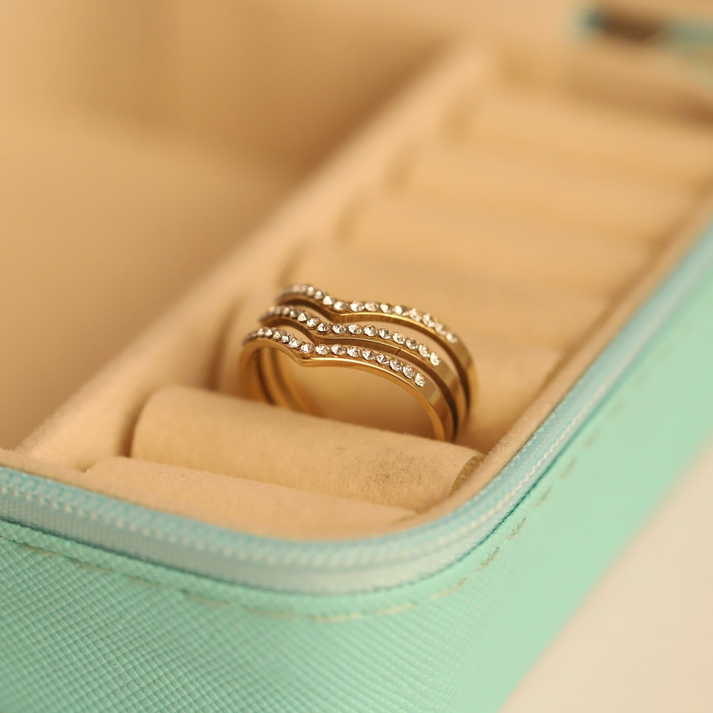Triple Chevron Crystal Ring - Stacked V-Shape Gold Band