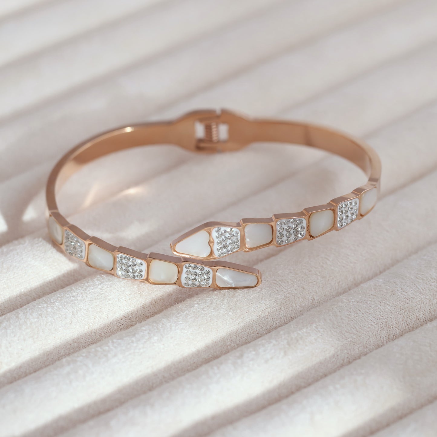 18K Rose Gold Plated Snake Design Bracelet with Mother of Pearl & Zircon | Women's Kada