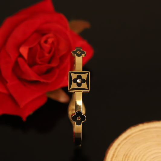 Black Enamel Clover Bangle - 14K Gold Diamond Accent Bracelet