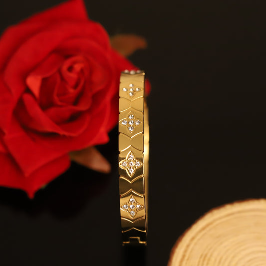 Gold Bangle with Geometric Clover and Crystal Accents | Unique Panel Design Bracelet