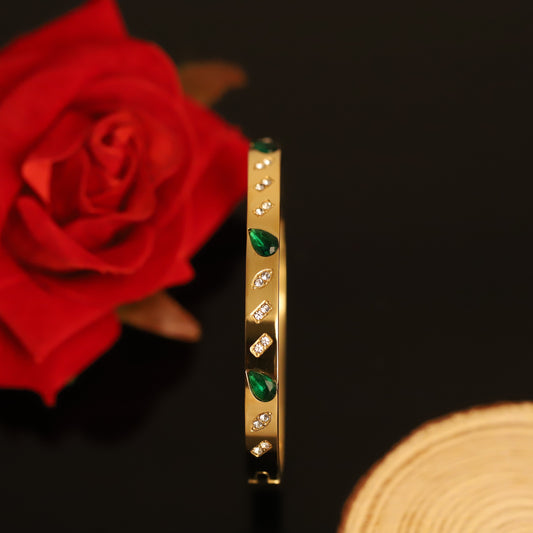 Gold Bangle with Emerald Green Accents & Diamond Details - Elegant 14K Jewelry