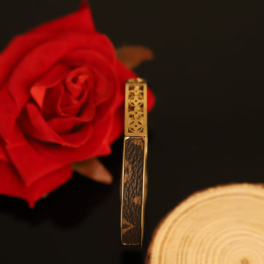 Designer Inspired Gold Bangle Bracelet with Monogram Detail | Luxury Fashion Jewelry