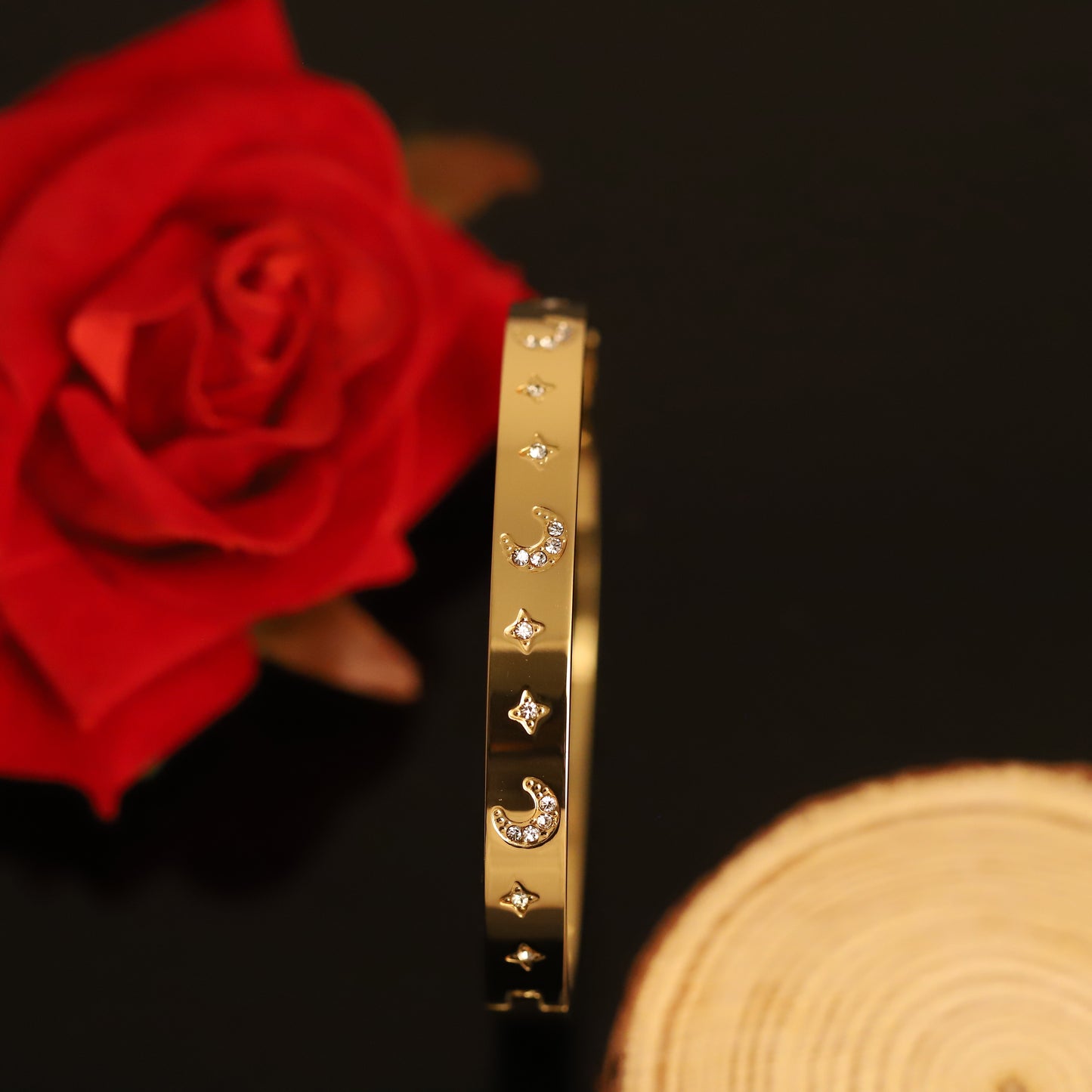 Celestial Gold Moon and Star Bangle Bracelet with Crystals | Elegant Night Sky Jewelry