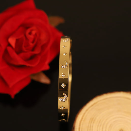Celestial Gold Moon and Star Bangle Bracelet with Crystals | Elegant Night Sky Jewelry