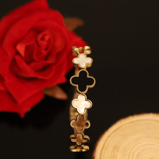 Gold Bangle with Black and White Clovers | Elegant Two-Tone Quatrefoil Bracelet