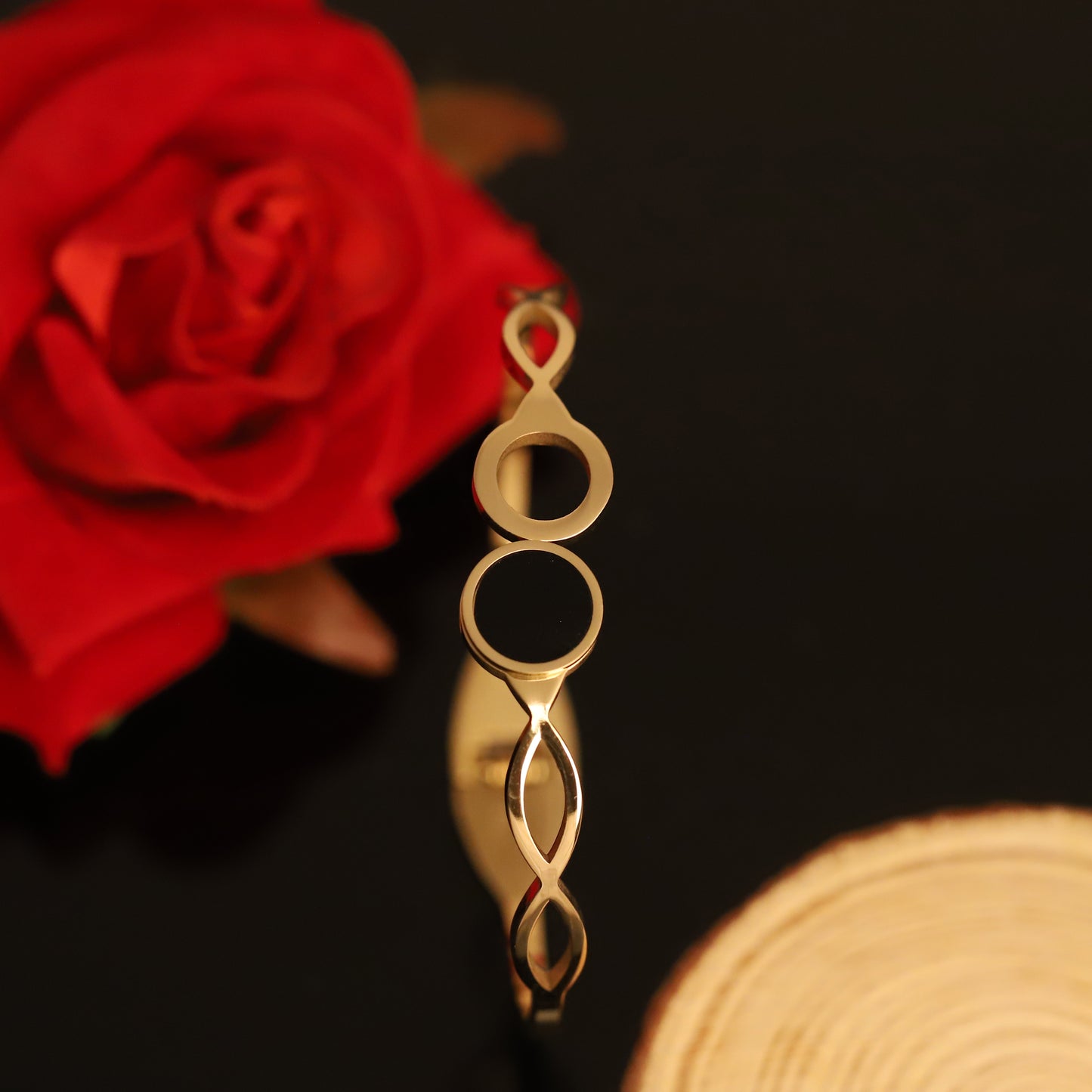 Gold Infinity and Circle Bangle Bracelet | Modern Abstract Jewelry