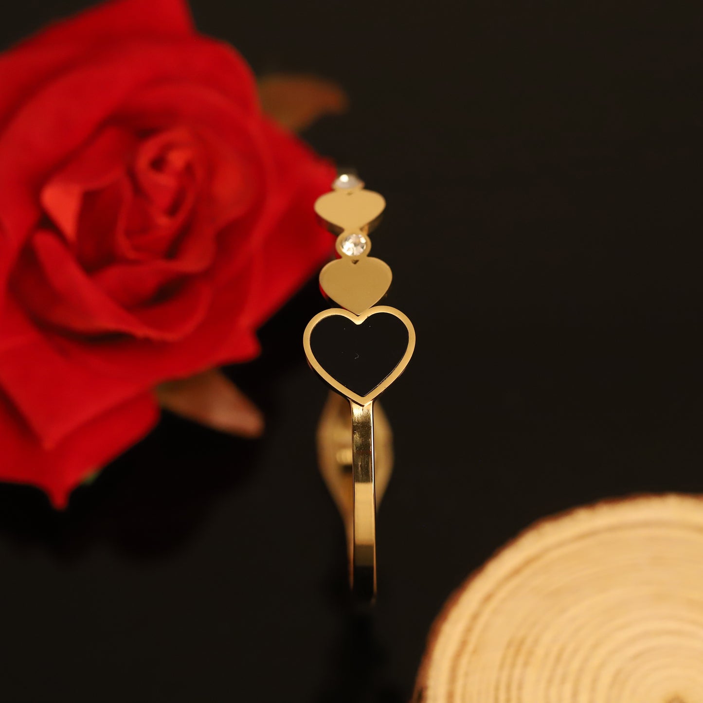 Sweetheart Gold Bangle with Black Enamel Heart and Crystal Accents | Romantic Jewelry for Her