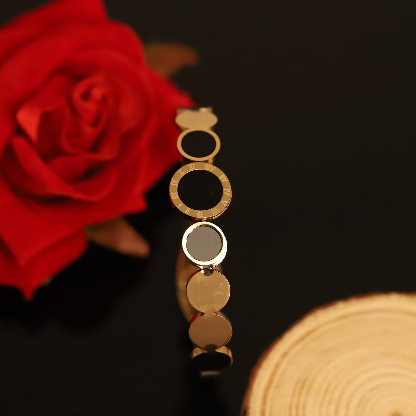 Gold Geometric Bangle with Black Circles and Roman Numeral Detail | Contemporary Women's Jewelry